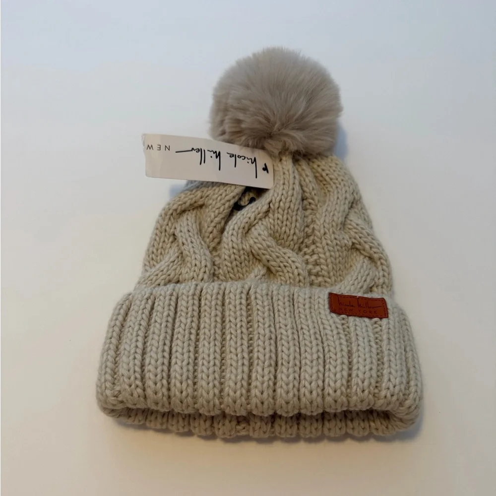 Nicole Miller Knit Pom Beanie Hat Cream Cable Knit New